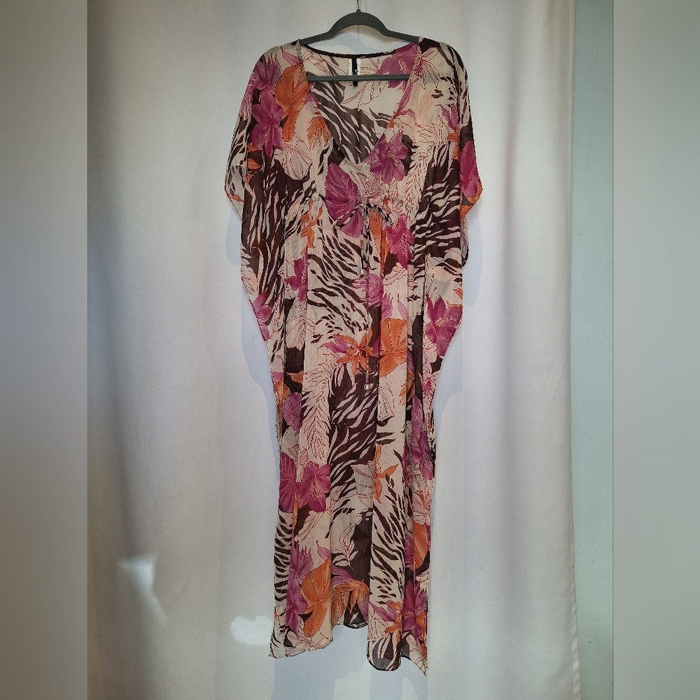 St. John Pink and Brown Floral Patterned Kaftan Swim Cover Up Size S